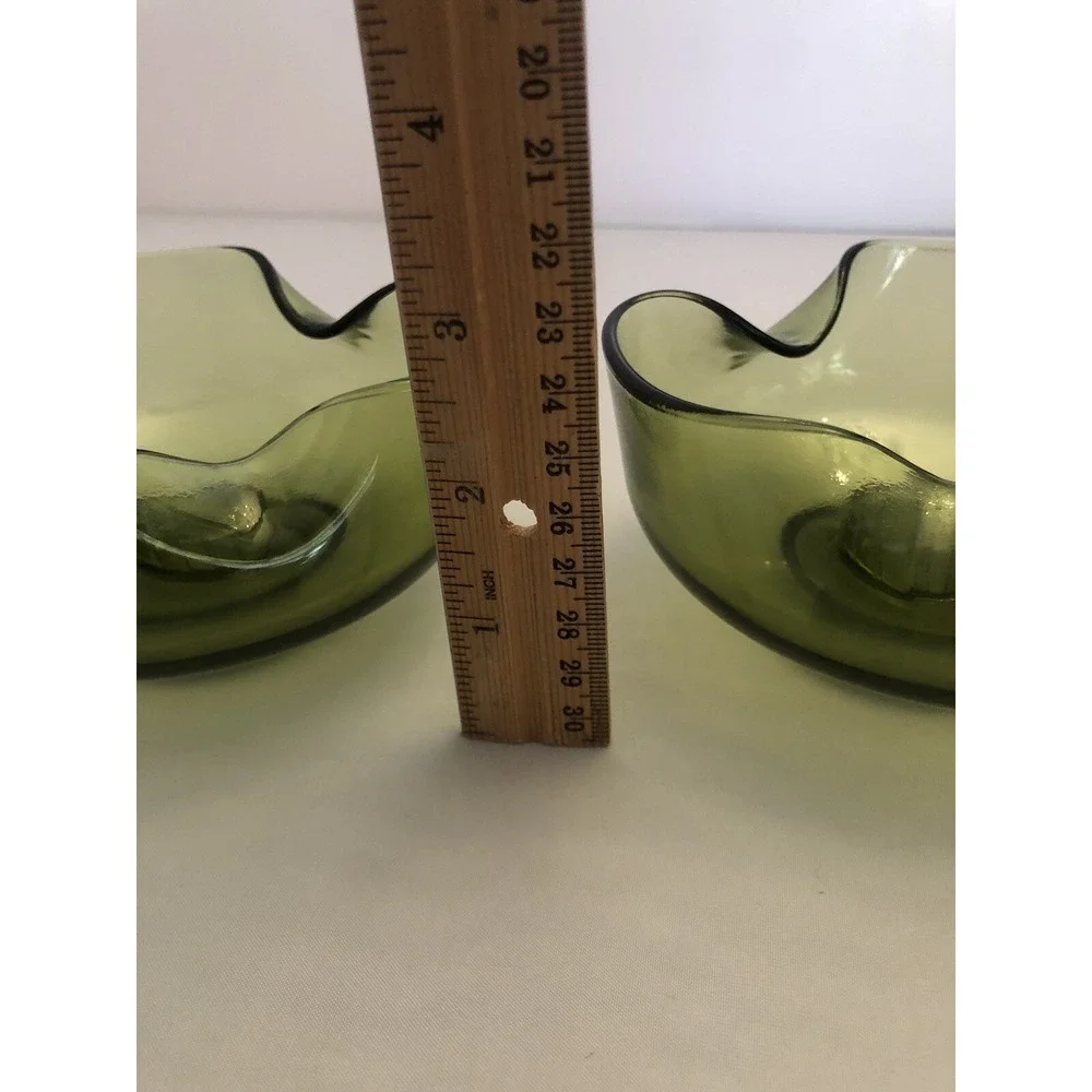 2 Vintage Avocado Green Art Ruffled Wavy‎ Glass Bowl Dish Taper Candle Holders